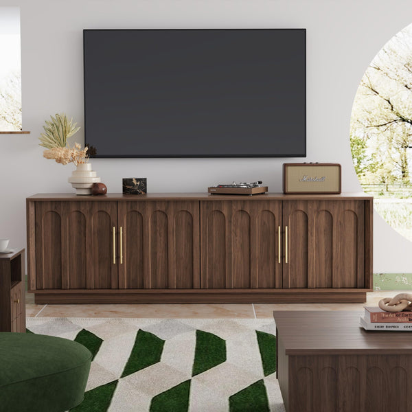 67" Mid-Century Modern TV Stand for 75 Inch TVs – Arched Wood Grain Media Console
