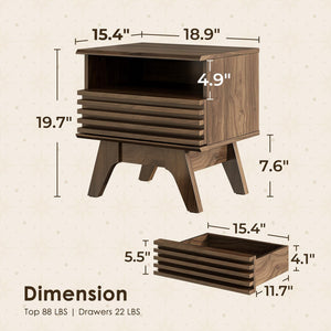 Fluted Nightstand with Drawer and Open Shelf, Set of 2