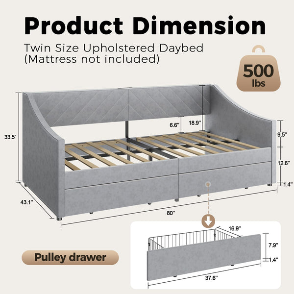 Twin Size Upholstered Daybed with Storage Drawers and Charging Station