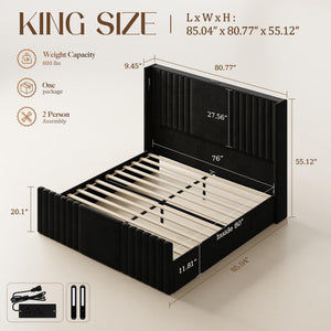 Wingback Velvet Platform Bed with Reading Lights & Charging Station