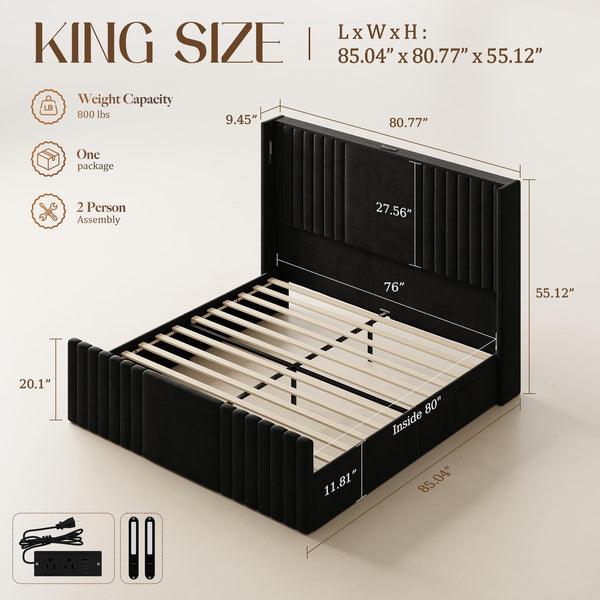 Wingback Velvet Platform Bed with Reading Lights & Charging Station