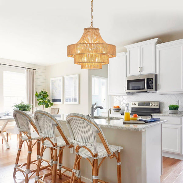 20" Boho Wood Beaded Rattan Chandelier Pendant Light, 6-Light