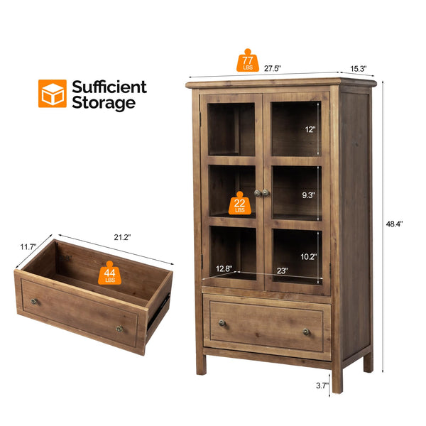 Glass Door Storage Cabinet with Drawer and Wood Legs