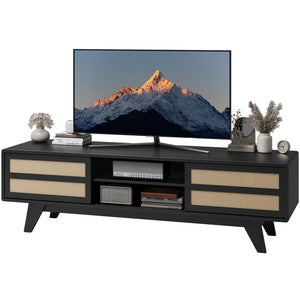 Boho TV Stand with Rattan Storage Cabinets – Fits Up to 70" TV