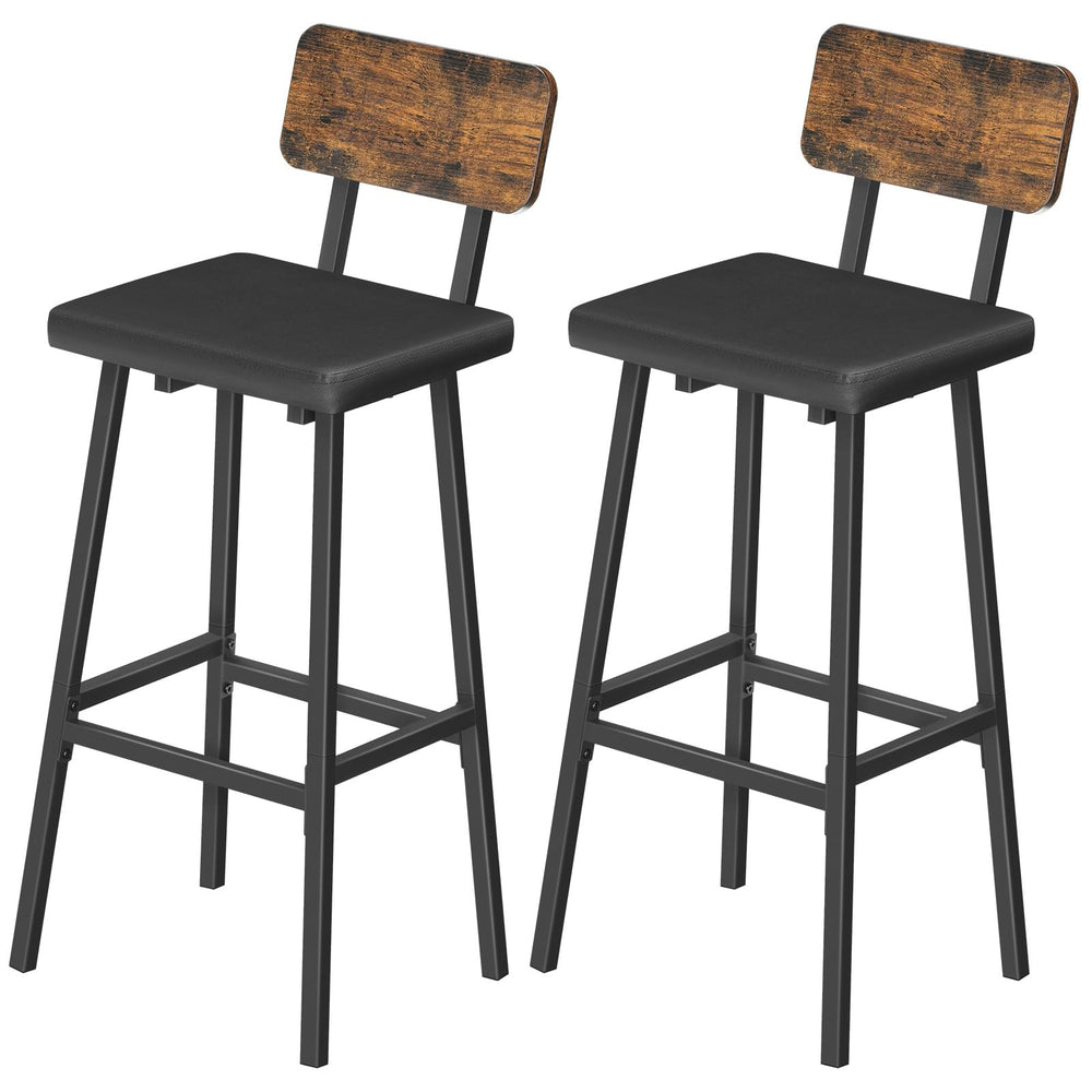 Bar Stools Set of 2 – PU Upholstered with Backrest & Footrest, Rustic Brown & Black
