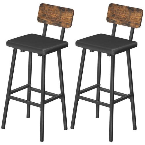 Bar Stools Set of 2 – PU Upholstered with Backrest & Footrest, Rustic Brown & Black