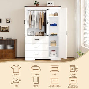 70" Farmhouse Wardrobe Closet with 3 Doors & 3 Drawers