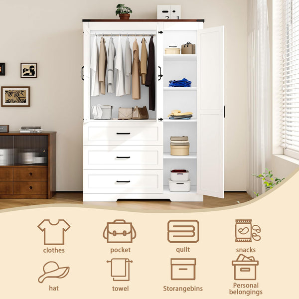 70" Farmhouse Wardrobe Closet with 3 Doors & 3 Drawers