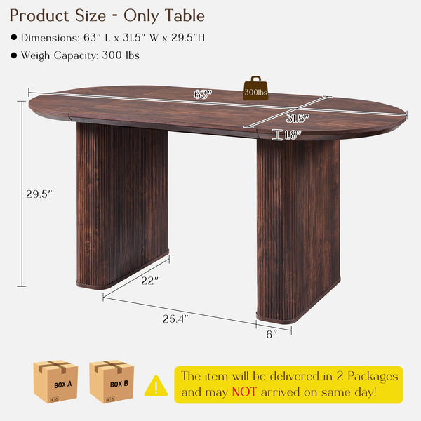 63 Inch Oval Dining Table for 4-6 | Mid-Century Modern Fluted Base Kitchen Table