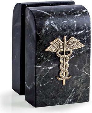 Marble Caduceus Bookends with Gold Plated Medallions Pair