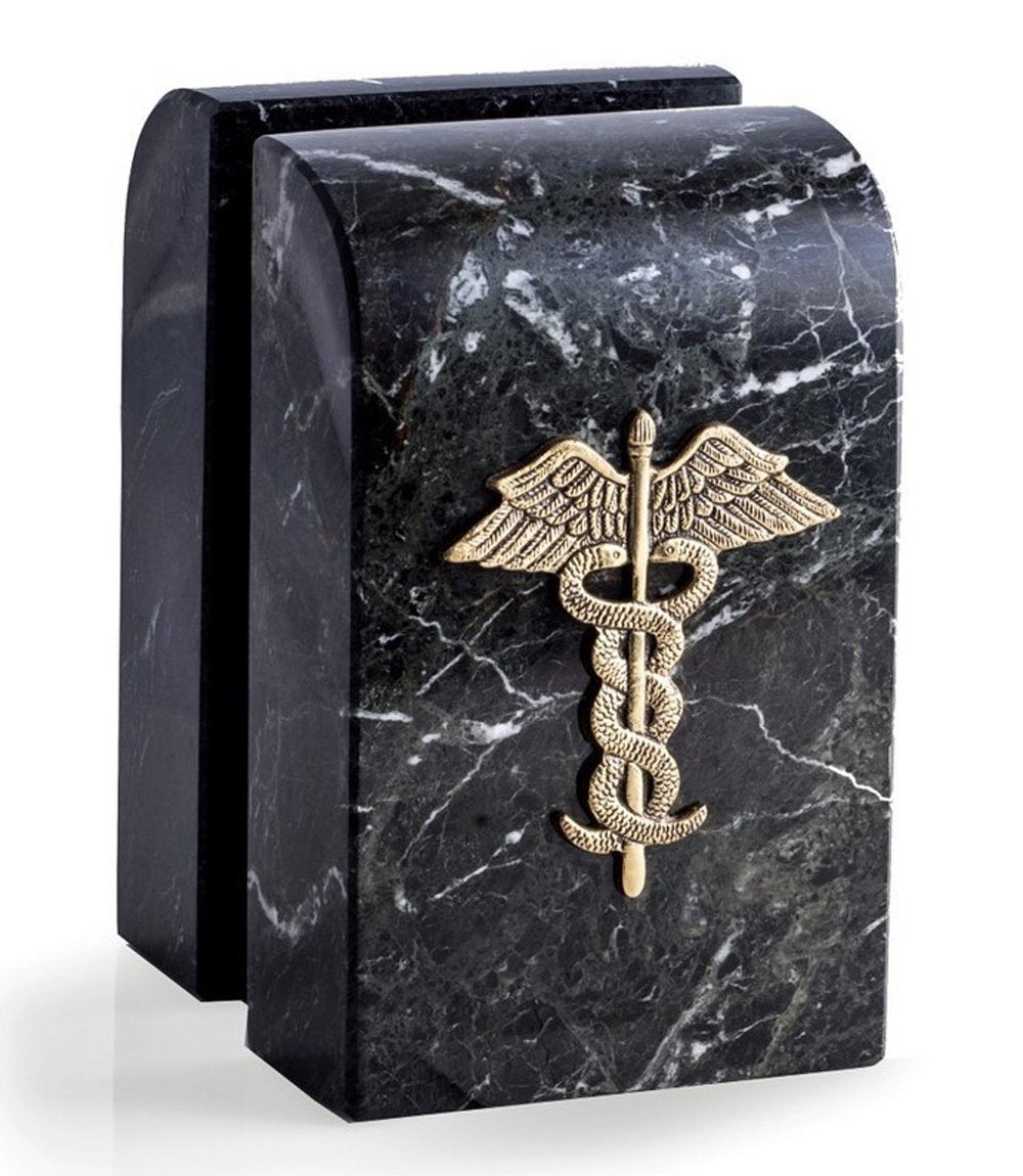 Marble Caduceus Bookends with Gold Plated Medallions Pair