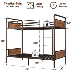 Twin Over Twin Metal Bunk Bed with Safety Guardrail