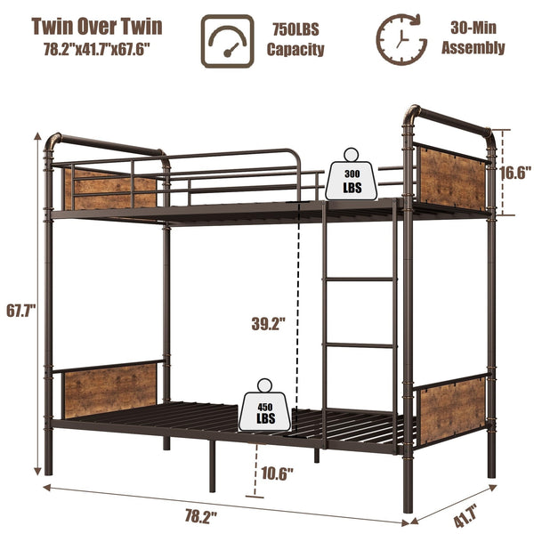 Twin Over Twin Metal Bunk Bed with Safety Guardrail