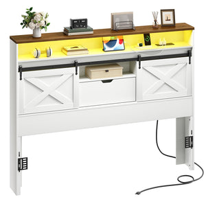 Queen Size Headboard with Storage, LED Lights & Charging Station