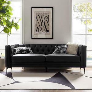 84" Faux Leather Button-Tufted 3-Seater Sofa with Metal Legs