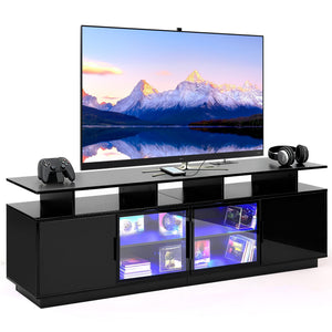 70-Inch Black TV Stand with LED Lights & Glass Doors
