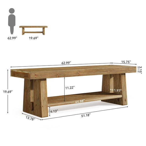 Solid Wood Entryway Bench with Open Shelves