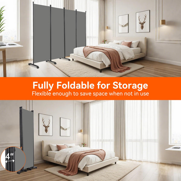 4-Panel Foldable Room Divider with Wheels