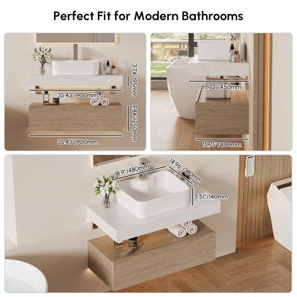 35" Floating Bathroom Vanity with Sintered Stone Countertop & Ceramic Sink