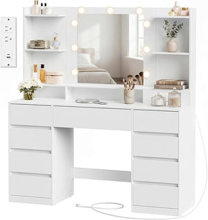 Vanity Desk with Mirror, Lights & Power Outlets