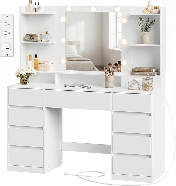 Vanity Desk with Mirror, Lights & Power Outlets