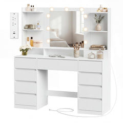 Vanity Desk with Mirror, Lights & Power Outlets – 9 Drawers, White