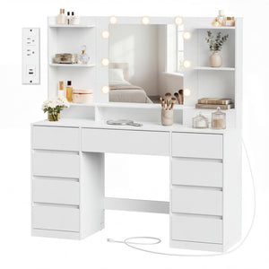 Vanity Desk with Mirror, Lights & Power Outlets – 9 Drawers, White