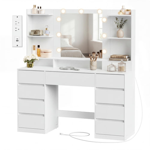 Vanity Desk with Mirror, Lights & Power Outlets – 9 Drawers, White