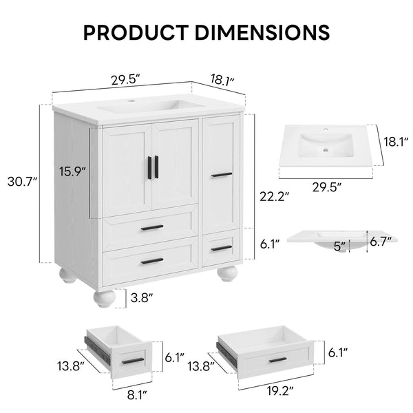 29.5" Bathroom Vanity with Sink, Hair Tool Drawer, 4 Drawers & 2 Doors – White