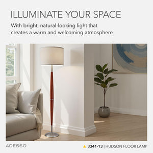 Floor Lamp with Wood Pole, Drum Shade & 3-Way Dimmer, 61"H