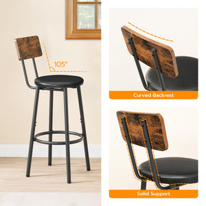 Bar Stools Set of 2, 26" Counter Height with PU Cushion, Footrest & Back
