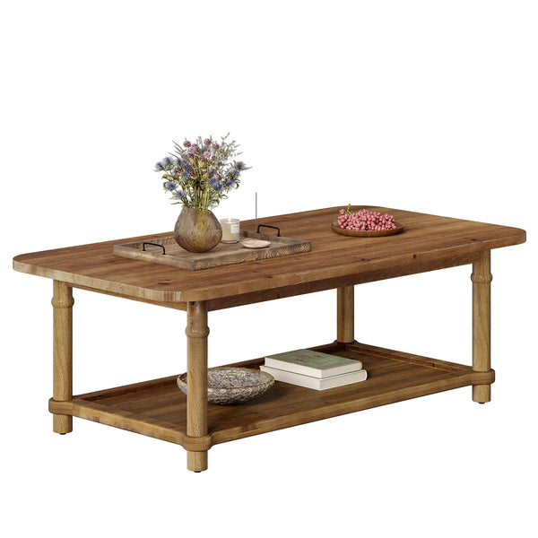 Solid Wood Rectangle Coffee Table with 2-Tier Storage