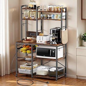 Kitchen Bakers Rack with Power Outlet and Storage Cabinet