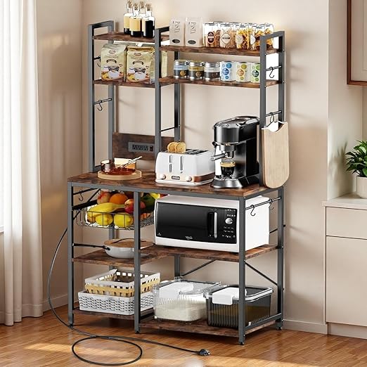 Kitchen Bakers Rack with Power Outlet and Storage Cabinet