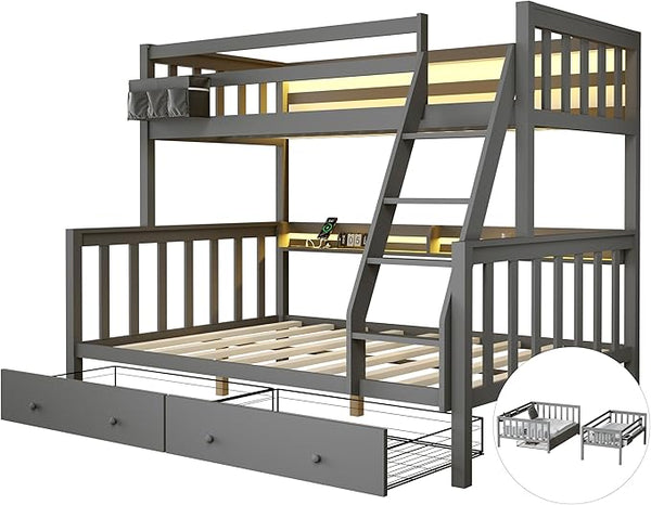 Twin Over Full Bunk Bed with Charging Station & LED Lights