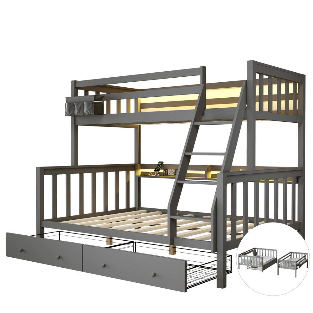 Solid Wood Bunk Bed with Charging Station and LED Lights
