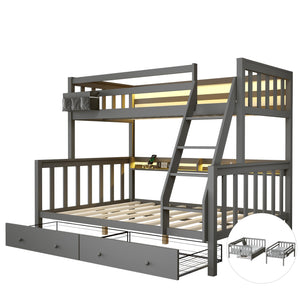 Solid Wood Bunk Bed with Charging Station and LED Lights