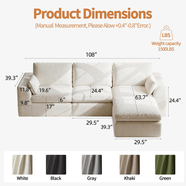 108" Modular Sectional Cloud Couch with Ottoman