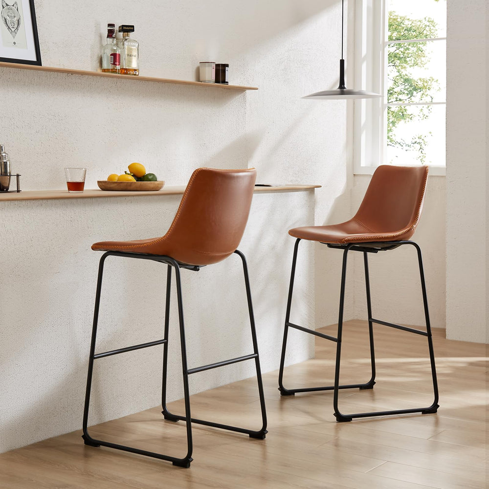 Counter Height Bar Stools Set of 2 – Faux Leather, Metal Frame, 30 Inch Seat Height