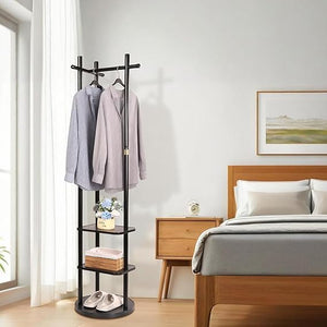 Freestanding Rotary Coat Rack with Shelves & Hooks
