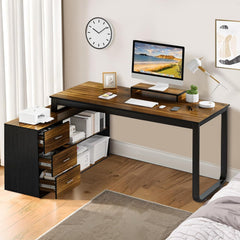 55-Inch Reversible L-Shaped Computer Desk – 3 Drawers, Monitor Stand & Storage Shelves