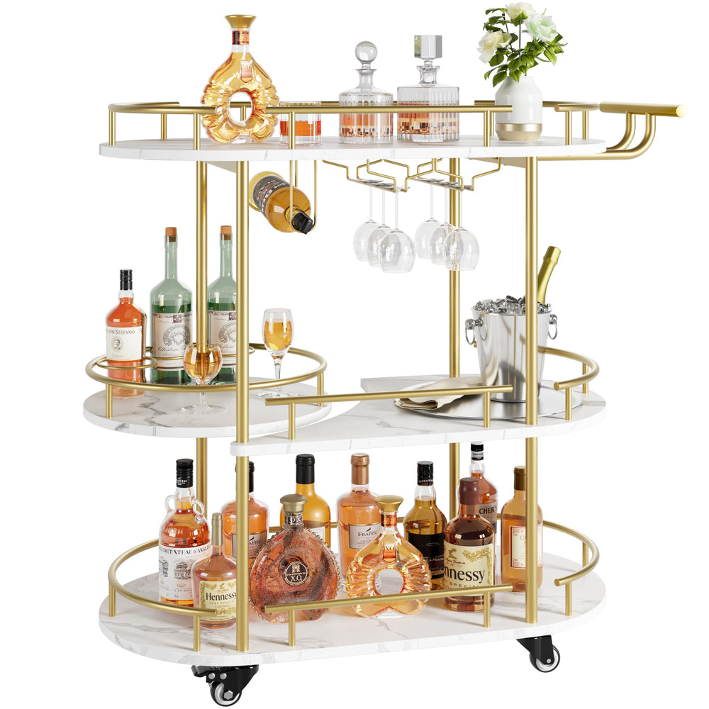 3-Tier Gold Bar Cart with Wine Rack & Glass Holder