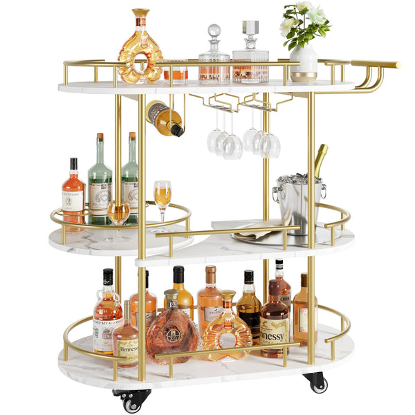 3-Tier Gold Bar Cart with Wine Rack & Glass Holder