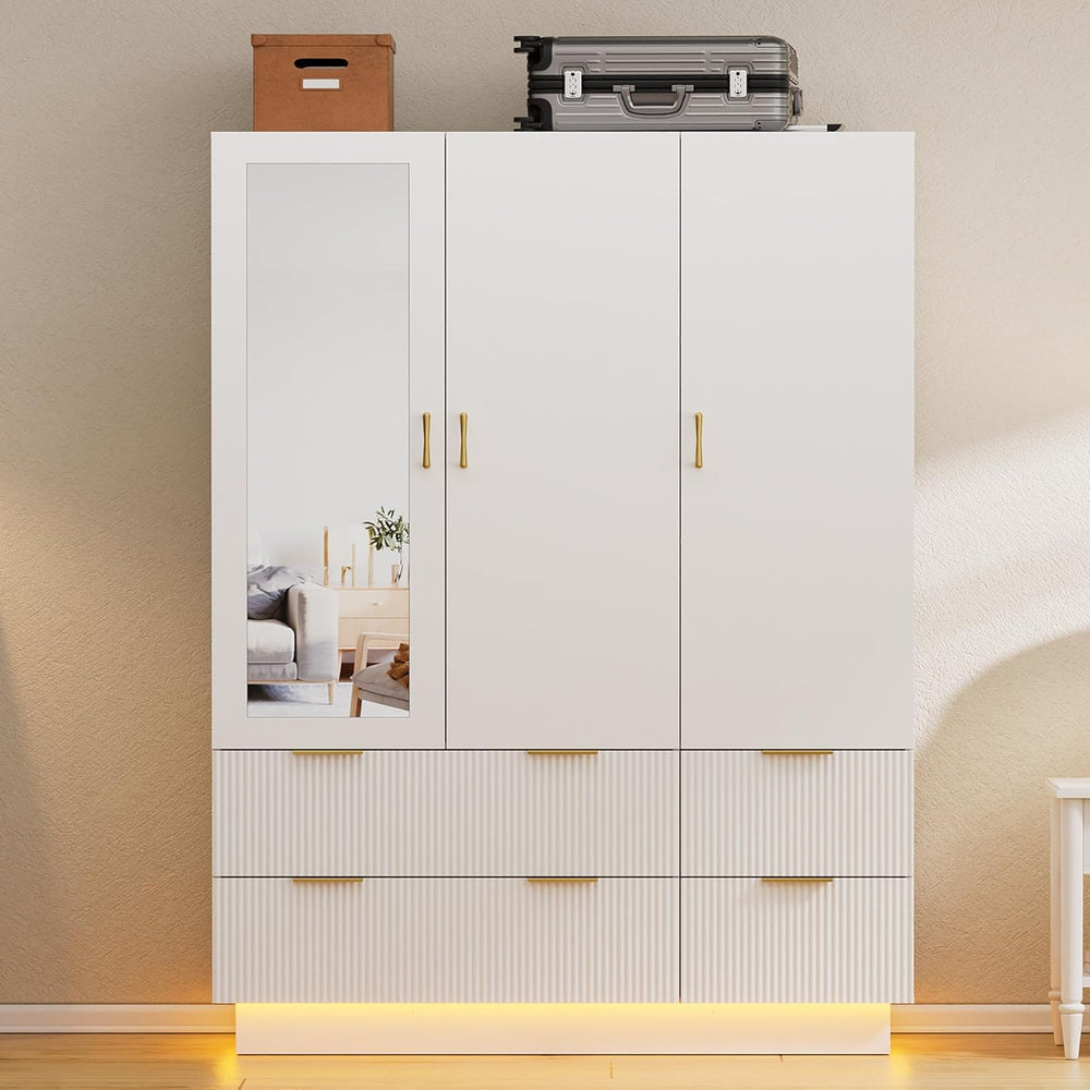 3-Door Wardrobe Armoire with Mirror, LED Lights & Drawers