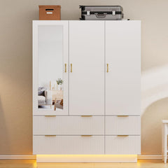 3-Door Wardrobe Armoire with Mirror, LED Lights & Drawers