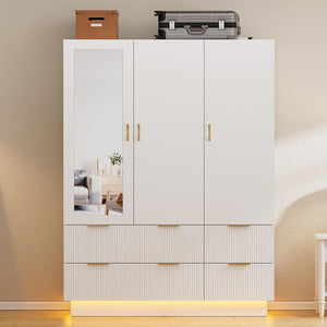3-Door Wardrobe Armoire with Mirror, LED Lights & Drawers