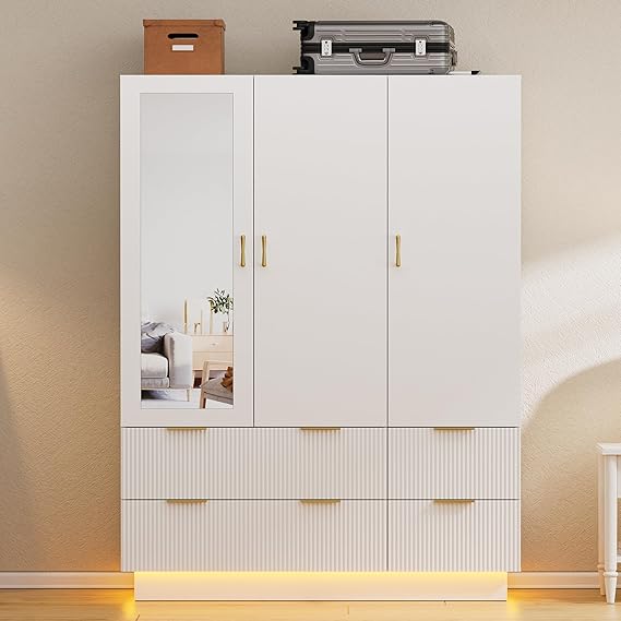 3-Door Armoire Wardrobe with Mirror & LED