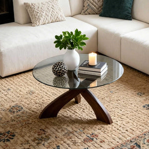 30.7" Round Glass Coffee Table with Walnut Wood X-Base