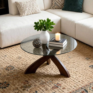 30.7" Round Glass Coffee Table with Walnut Wood X-Base