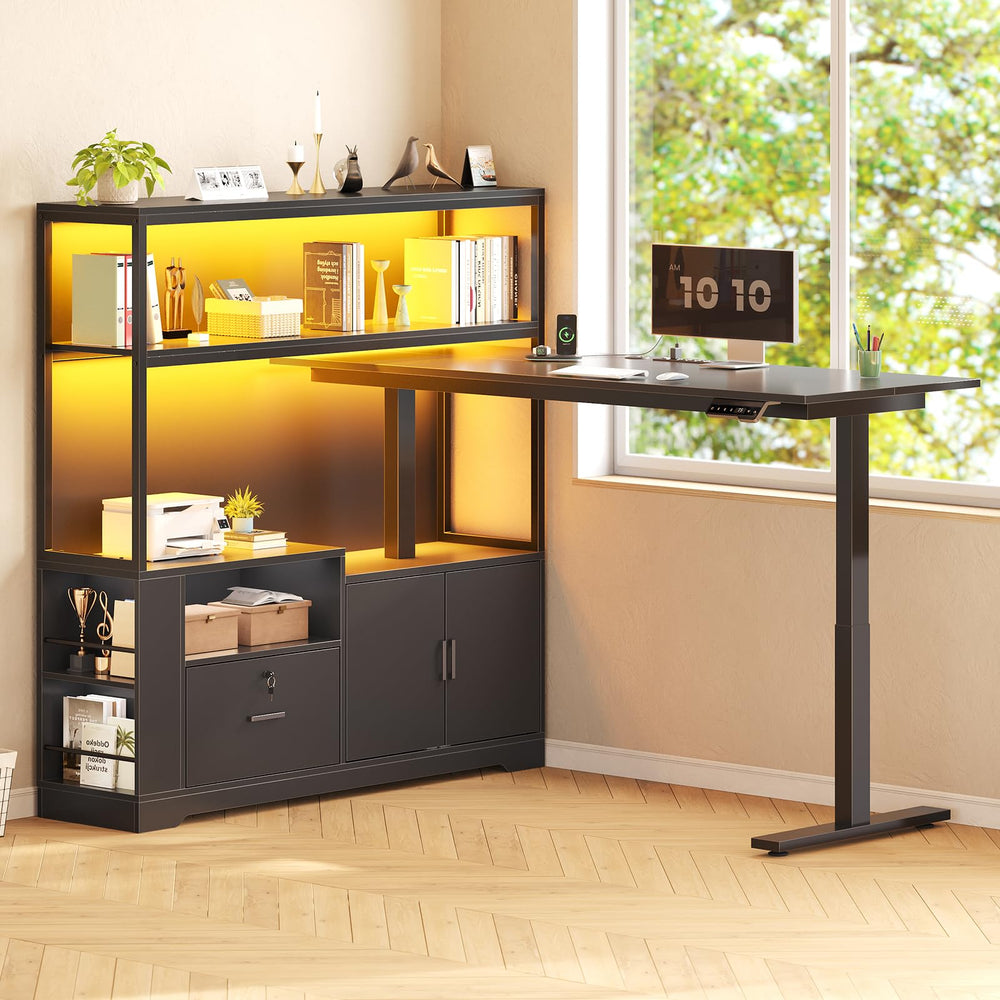 L-Shaped Electric Standing Desk with Storage